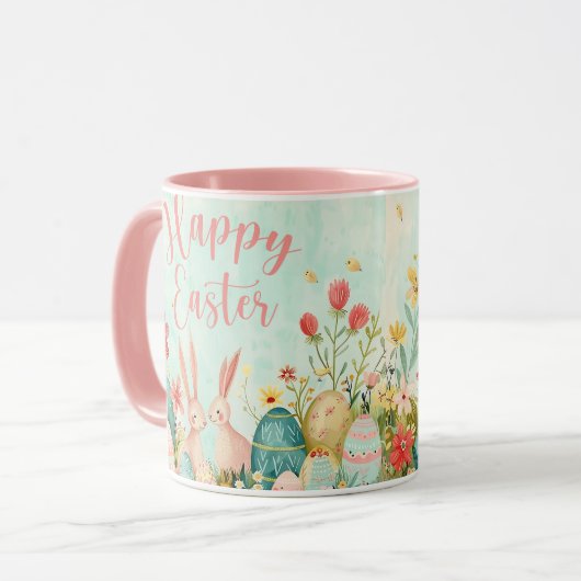 Happy Oaster hellgrünes Aquarellpinke Tasse (Vorderseite Links)