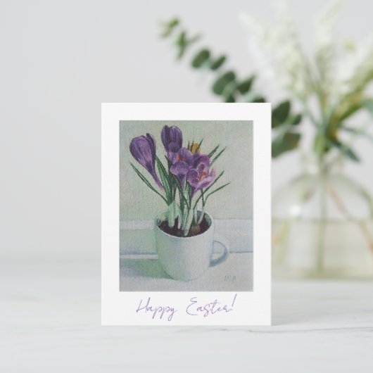 Happy Oaster hübsche lila Crocus Feine Kunst Postkarte (Stehend Vorderseite)