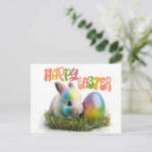 Happy Oaster | Kaninchen mit farbigem Ei Postkarte (Stehend Vorderseite)
