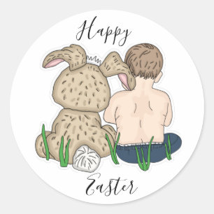 Happy Oaster   Kleines Mädchen und Osterhase Runder Aufkleber
