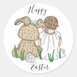 Happy Oaster | Kleines Mädchen und Osterhase Runder Aufkleber