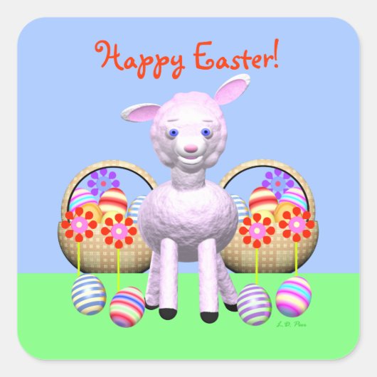 Happy Oaster Lamb mit Ostereiern Quadratischer Aufkleber (Vorderseite)