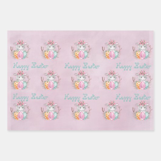 Happy Oaster Lamb und Eier auf rosa Geschenkpapier Set (Vorderseite)