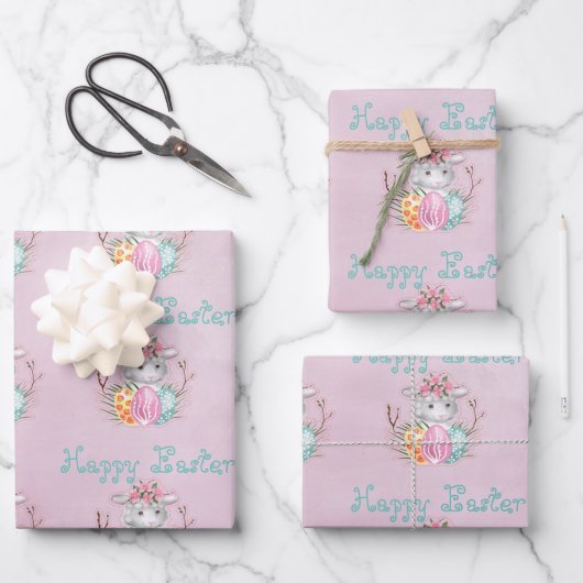 Happy Oaster Lamb und Eier auf rosa Geschenkpapier Set (Vorderseite)