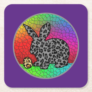 Happy Oaster Leopard Print Bunny Rabbit and Egg T Rechteckiger Pappuntersetzer
