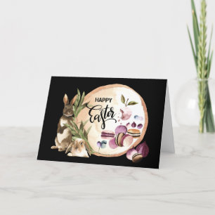 Happy Oaster   Macaroons Bunnies mit Frühlingsfrüc Feiertagskarte