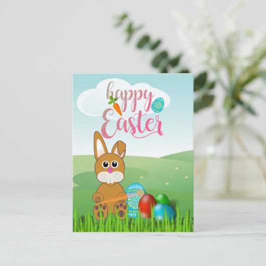 Happy Oaster mit Bunny Rabbit Kids Postcard Postkarte (Stehend Vorderseite)