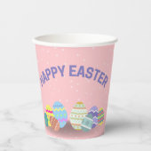 Happy Oaster mit bunten Eiern pink Pappbecher (Vorderseite)