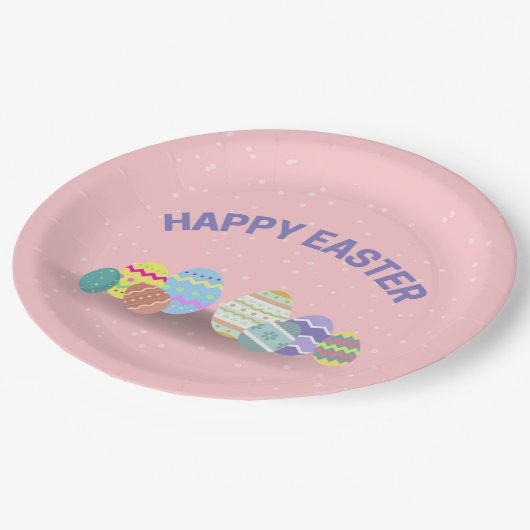 Happy Oaster mit bunten Eiern pink Pappteller (Schrägansicht)