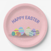 Happy Oaster mit bunten Eiern pink Pappteller (Vorderseite)