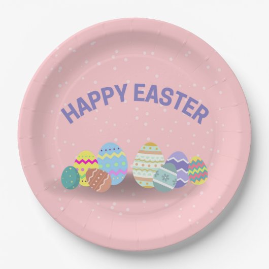 Happy Oaster mit bunten Eiern pink Pappteller (Vorderseite)