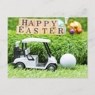 Happy Oaster mit Golfwagen und Ball auf grün Postkarte