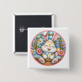 Happy Oaster mit Niedlichem Hasen, Eiern und Blume Button (Vorne & Hinten)