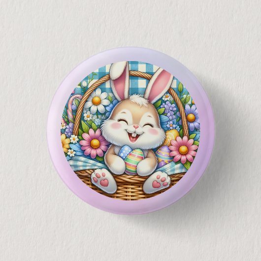 Happy Oaster mit Niedlichem Hasen, Eiern und Blume Button (Vorderseite)