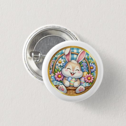 Happy Oaster mit Niedlichem Hasen, Eiern und Blume Button (Vorne & Hinten)