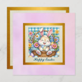 Happy Oaster mit Niedlichem Hasen, Eiern und Blume Einladung (Vorne/Hinten)