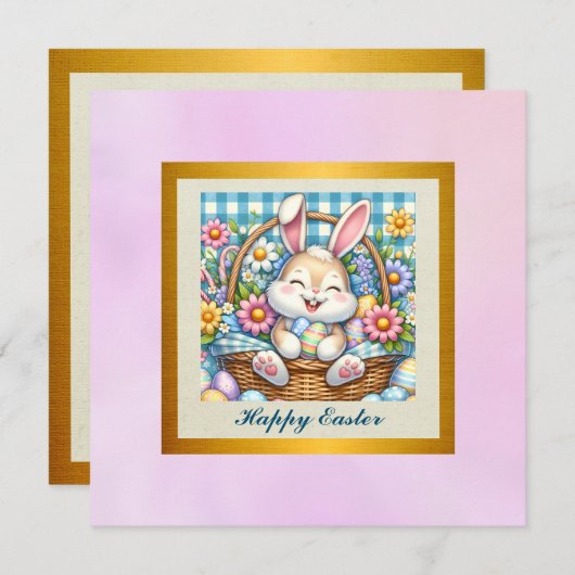 Happy Oaster mit Niedlichem Hasen, Eiern und Blume Einladung (Vorne/Hinten)
