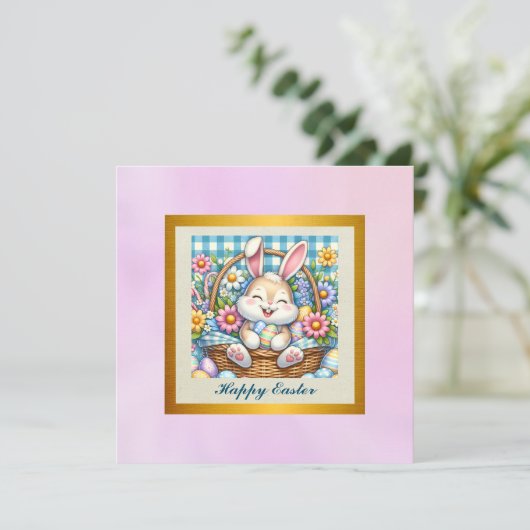 Happy Oaster mit Niedlichem Hasen, Eiern und Blume Einladung (Stehend Vorderseite)