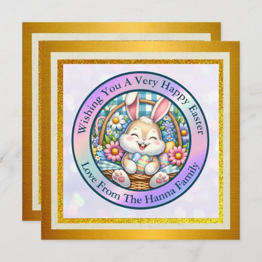 Happy Oaster mit Niedlichem Hasen, Eiern und Blume Einladung (Vorne/Hinten)