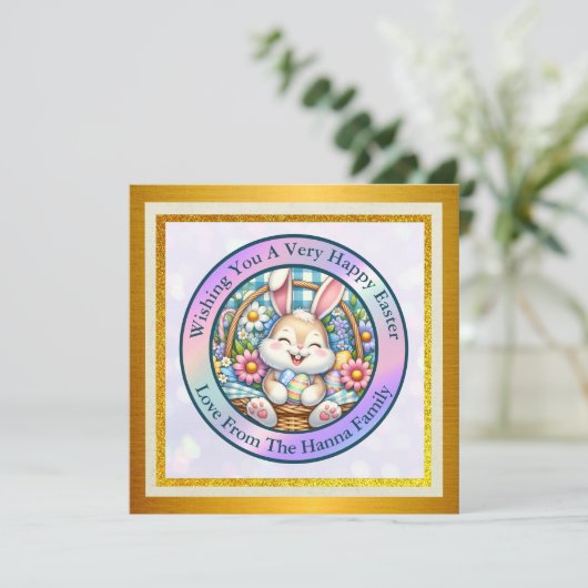 Happy Oaster mit Niedlichem Hasen, Eiern und Blume Einladung (Stehend Vorderseite)