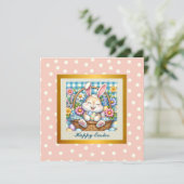 Happy Oaster mit Niedlichem Hasen, Eiern und Blume Einladung (Stehend Vorderseite)