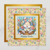 Happy Oaster mit Niedlichem Hasen, Eiern und Blume Einladung (Vorne/Hinten)