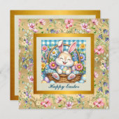 Happy Oaster mit Niedlichem Hasen, Eiern und Blume Einladung (Vorne/Hinten)