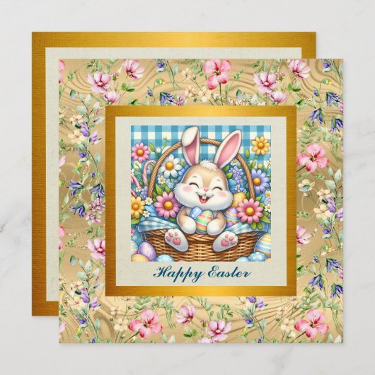 Happy Oaster mit Niedlichem Hasen, Eiern und Blume Einladung (Vorne/Hinten)