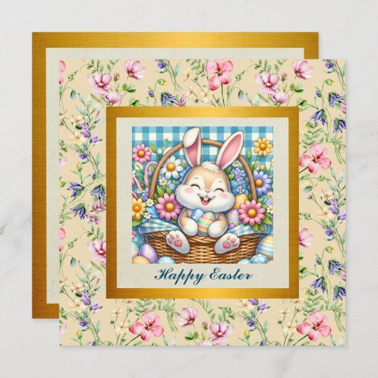 Happy Oaster mit Niedlichem Hasen, Eiern und Blume Einladung (Vorne/Hinten)