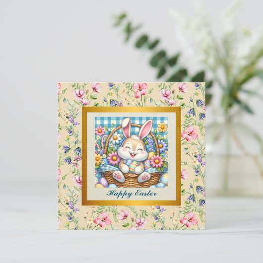 Happy Oaster mit Niedlichem Hasen, Eiern und Blume Einladung (Stehend Vorderseite)
