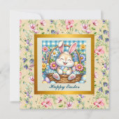 Happy Oaster mit Niedlichem Hasen, Eiern und Blume Einladung (Vorderseite)