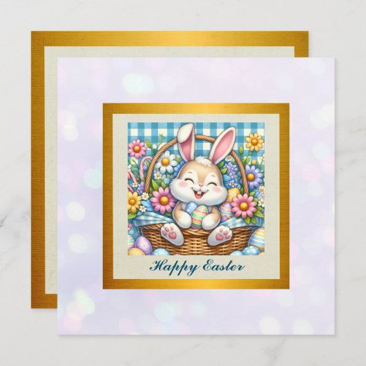 Happy Oaster mit Niedlichem Hasen, Eiern und Blume Einladung (Vorne/Hinten)