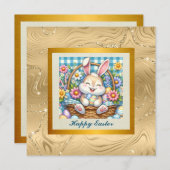 Happy Oaster mit Niedlichem Hasen, Eiern und Blume Einladung (Vorne/Hinten)