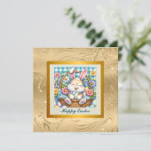 Happy Oaster mit Niedlichem Hasen, Eiern und Blume Einladung (Stehend Vorderseite)