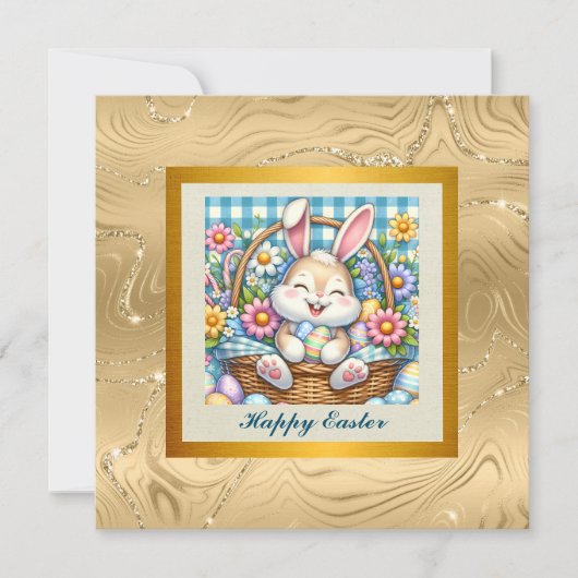 Happy Oaster mit Niedlichem Hasen, Eiern und Blume Einladung (Vorderseite)