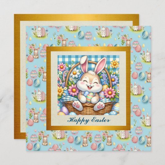 Happy Oaster mit Niedlichem Hasen, Eiern und Blume Einladung (Vorne/Hinten)
