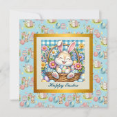 Happy Oaster mit Niedlichem Hasen, Eiern und Blume Einladung (Vorderseite)