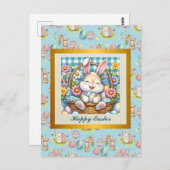 Happy Oaster mit Niedlichem Hasen, Eiern und Blume Postkarte (Vorne/Hinten)