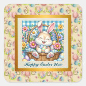 Happy Oaster mit Niedlichem Hasen, Eiern und Blume Quadratischer Aufkleber (Vorderseite)