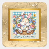 Happy Oaster mit Niedlichem Hasen, Eiern und Blume Quadratischer Aufkleber (Vorderseite)