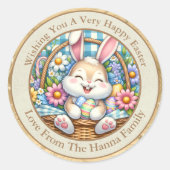 Happy Oaster mit Niedlichem Hasen, Eiern und Blume Runder Aufkleber (Vorderseite)