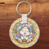 Happy Oaster mit Niedlichem Hasen, Eiern und Blume Schlüsselanhänger (Vorderseite)