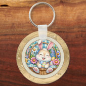 Happy Oaster mit Niedlichem Hasen, Eiern und Blume Schlüsselanhänger (Vorderseite)