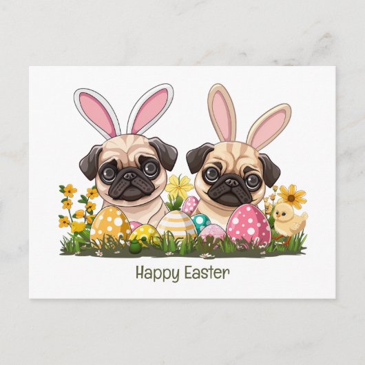Happy Oaster Mops Hunde Bunny Ears Postkarte (Vorderseite)