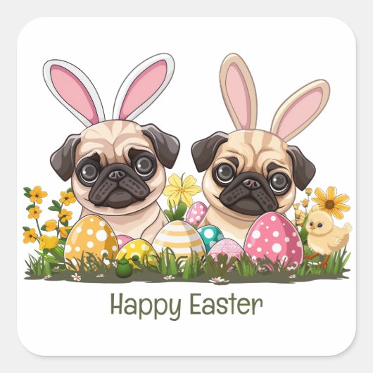 Happy Oaster Mops Hunde Bunny Ears Quadratischer Aufkleber (Vorderseite)