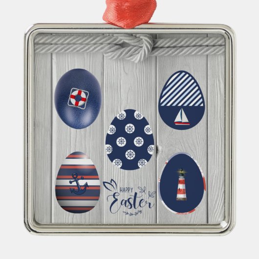 Happy Oaster Nautical Themed Coastal Bootings Ornament Aus Metall (Vorne)