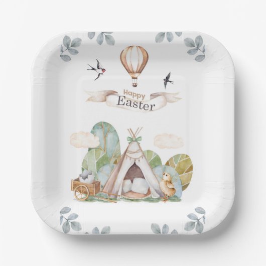 Happy Oaster Niedlich Boho Rustic Teepee Kindergeb Pappteller (Vorderseite)