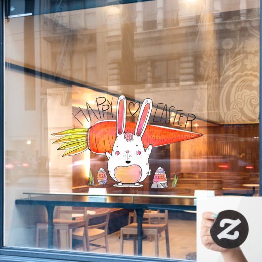 Happy Oaster Niedlich Bunny Holding Carrot Fensteraufkleber (Café-Fenster)