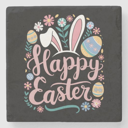 Happy Oaster Niedlich Bunny Rabbit Eggs Steinuntersetzer (Vorderseite)