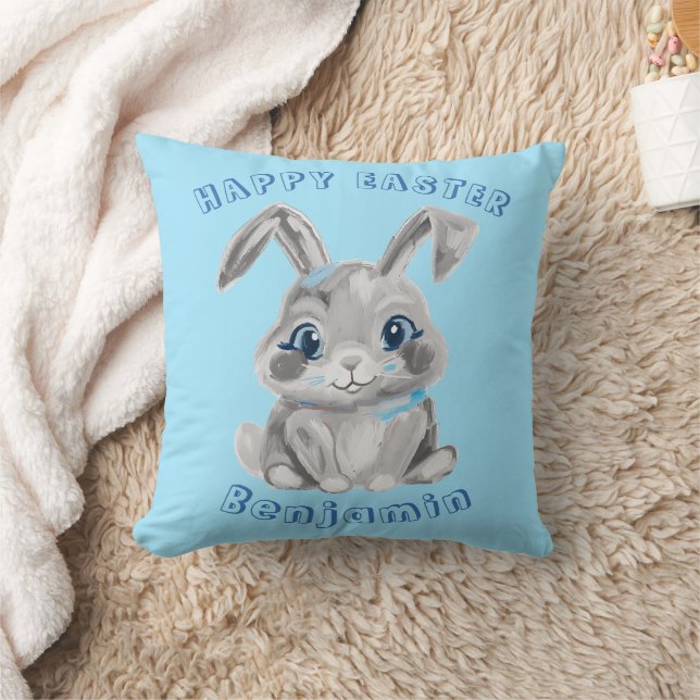Happy Oaster Niedlich Gray Bunny Rabbit Blue Name Kissen (Decke)